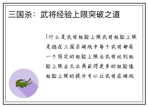三国杀：武将经验上限突破之道